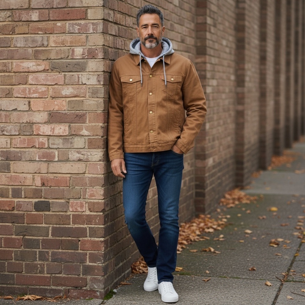 LRG Tan Denim Hooded Denim Jacket.